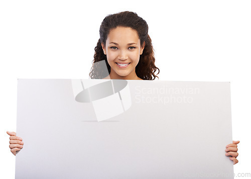 Image of Black woman, smile portrait and blank poster or billboard in studio for sales marketing, advertising and company news mockup. African girl, happy model and design signage space in white background