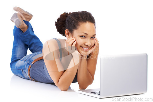 Image of Portrait, laptop and black woman on floor of studio, isolated white background and happy face. Female model, computer and technology for social network, online shopping and internet seo, web and blog