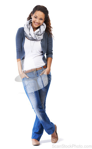 Image of Young model, portrait and happy black woman with fashion and natural beauty in studio. White background, standing woman and young female student isolated leaning with happiness, smiling and mockup