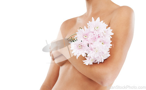 Image of Flowers, body and beauty with a woman in studio covering her breasts on a white background for cancer awareness. Wellness, nude and luxury with a female posing to promote natural breast health