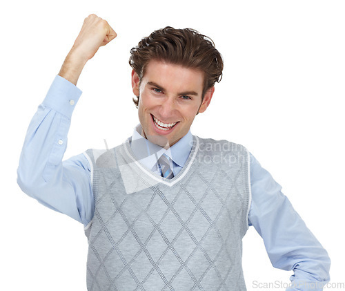 Image of Winner, celebration and success of business man in studio on a white background. Face, portrait and happy male employee fist pump to celebrate victory, lottery or goal achievement, targets or winning