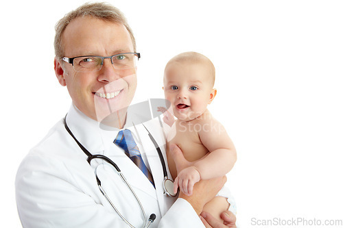 Image of Face, doctor and man with baby in studio isolated on a white background mockup. Portrait, healthcare and happy medical worker, physician and mature male pediatrician holding infant, kid or toddler.