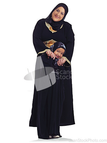 Image of Islam, body portrait of mother and child happy in hijab together and isolated on white background. Love, family and support, Muslim woman with playful daughter and Islamic culture in studio in Egypt.