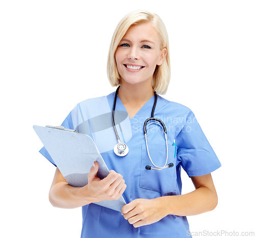 Image of Portrait, health and documents with a nurse woman in studio isolated on a white background for insurance. Hospital, healthcare and medical with a female medicine professional writing on a clipboard