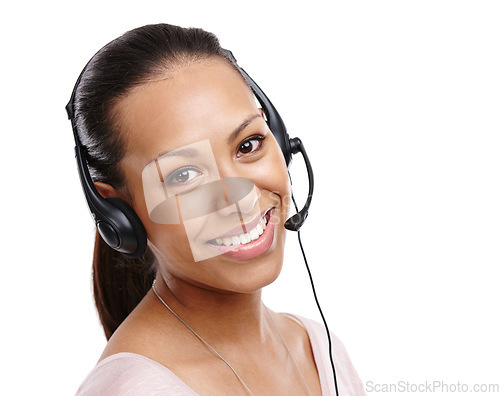 Image of Woman, portrait and call center consultant in studio, headset with CRM with customer service isolated on white background. Contact us, telemarketing with tech support, customer care and worker smile