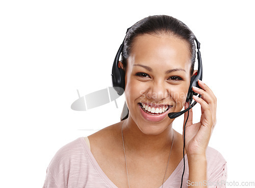 Image of Woman, portrait and call center worker in studio, headset with CRM with customer service isolated on white background. Contact us, telemarketing with tech support, customer care and employee smile
