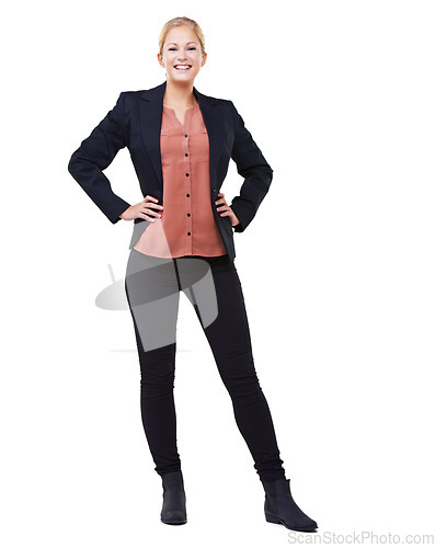 Image of Portrait, leadership and business woman in studio isolated on a white background mock up. Ceo, boss and confident, proud and happy young female entrepreneur with vision, mission and success mindset.