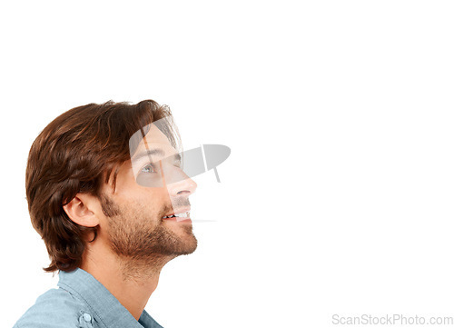 Image of Thinking, studio and man looking at mockup space for product placement, advertising or marketing. Pensive, idea and young male model contemplating or wondering isolated by a white background mock up