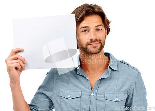 Image of Mockup, studio portrait and man with poster, placard or billboard for marketing, advertising or product placement. Paper sign, banner space and sales model with promotion mock up on white background