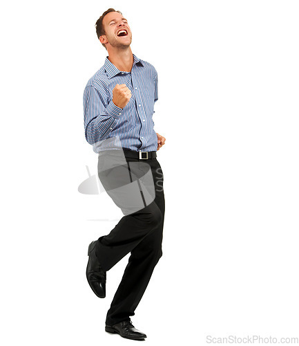 Image of Success, celebration and businessman in studio for dance, victory and happy on white background. Freedom, winning and successful man celebrating business, opportunity or startup goal with energy