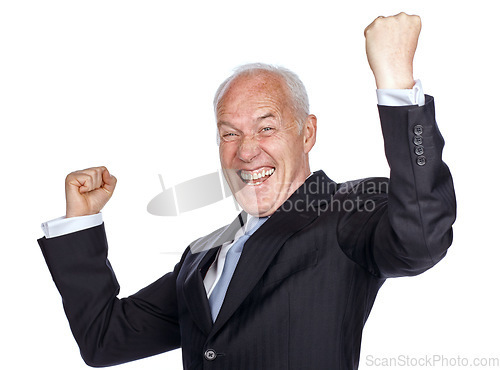 Image of Senior businessman, celebration and studio portrait with fist hand, smile and white background. Elderly corporate leader, isolated ceo and excited to celebrate, happy hands and air with suit for goal