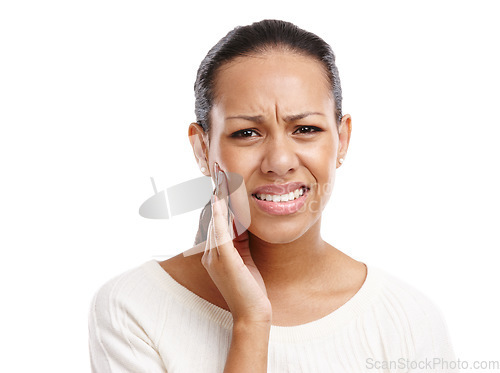 Image of Black woman, face and toothache pain for dental care, mouth injury or medical wellness isolated in white background. African girl, upset portrait and frustrated for teeth accident or emergency