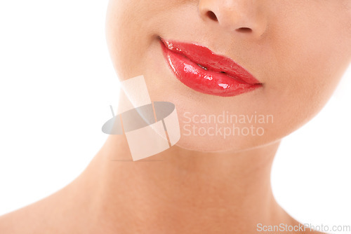 Image of Face, lips and lipstick with woman and beauty zoom, makeup and cosmetic care with red isolated on white background. Cosmetics product, dermatology and glow with smile, skin and wellness with mouth