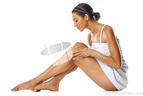 Image of Skincare, legs and body of woman in studio for cosmetics, spa beauty or self care marketing mockup. Dermatology, aesthetic and luxury skin care model with hair removal results on advertising mock up