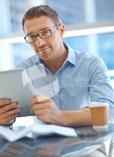 Image of Portrait, businessman and tablet for connection, corporate deal and company success. Male entrepreneur, boss or ceo with device, digital marketing or online reading for advertising campaign and ideas