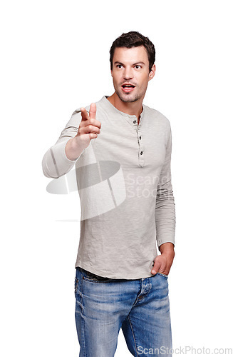 Image of Thinking, confused and man pointing hand in direction with pondering, shocked and surprise expression. Caucasian model thoughtful and pointing to distance with wow look at isolated white background