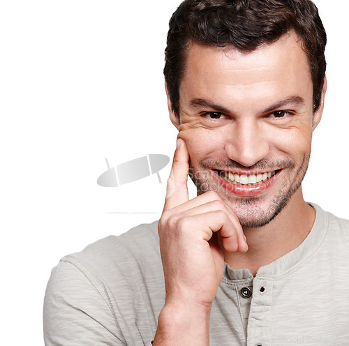 Image of Man, studio portrait and happiness with smile, thinking and ideas by white background for focus. Isolated model, happy and idea with fashion, hand on face and handsome for cool confidence with shirt