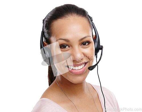 Image of Woman, portrait and call center employee in studio, headset with CRM with customer service isolated on white background. Contact us, telemarketing with tech support, customer care and female smile