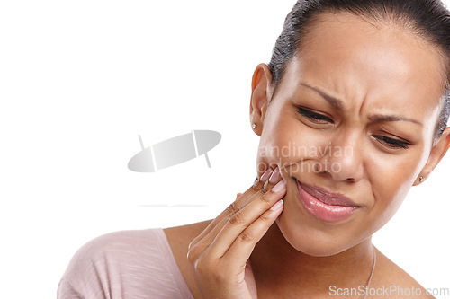 Image of Woman, hand and mouth in pain from wisdom teeth, surgery or dental emergency against a white studio background. Isolated female suffering from painful oral, gum or tooth injury on white background
