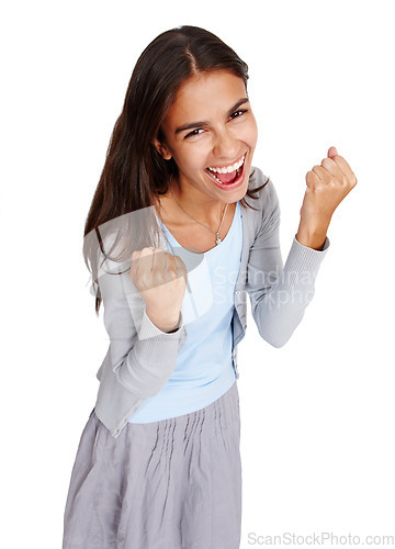 Image of YES I won. Business woman and happy winner portrait for career victory, success and milestone with excited smile. Celebration, happiness and achievement of young worker on isolated white background.