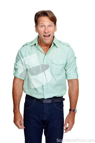 Image of Shock, surprise and portrait of a man in a studio with a omg, wow and wtf facial expression. Shocked, surprised and happy male model in a casual outfit with good news isolated by a white background.