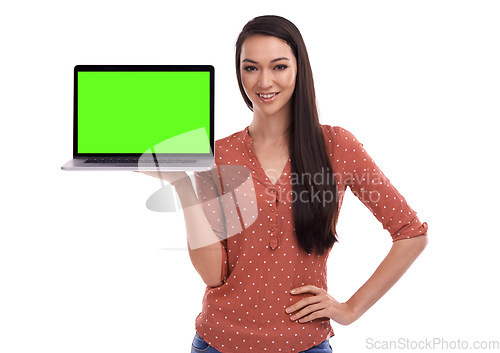 Image of Green screen, laptop and portrait of Asian woman on a white background for website, digital logo and information. Marketing, advertising and isolated girl with computer screen mockup for online data