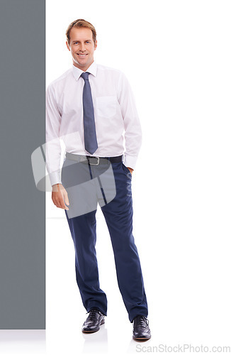 Image of Portrait, mockup and wall with a business man leaning in studio isolated on a white background for advertising. Marketing, space and product placement with a male employee on blank wallpaper