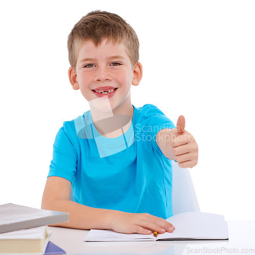 Image of Thumbs up, learning and child with books in studio education, back to school and knowledge success. Yes, ok and winning hand sign of boy in portrait for writing goals, isolated on white background