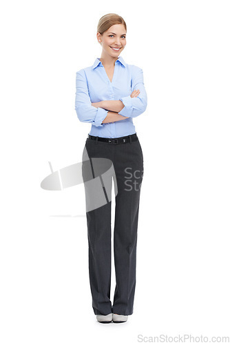 Image of Leadership, business fashion and portrait of woman with smile and motivation for startup success on white background. Corporate fashion, professional confidence and happy woman ceo standing in studio