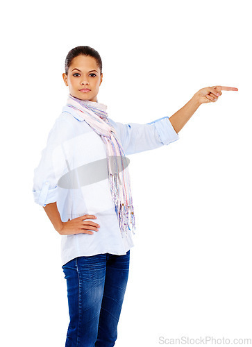 Image of Portrait, black woman and pointing for marketing, advertising and female isolated on white studio background. African American lady, girl and gesture for directions, promotion and product placement