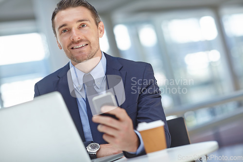 Image of Accountant, phone or business man in airport for global invest strategy, finance growth or financial review. Manager, smile or travel male in lobby for social media, data analysis or economy research