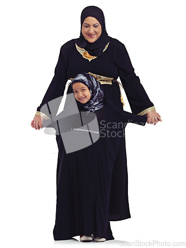 Image of Children, family and muslim with a mother and girl in studio isolated on a white background for love or religion. Kids, islamic and eid with a woman and daughter bonding on blank space for ramadan