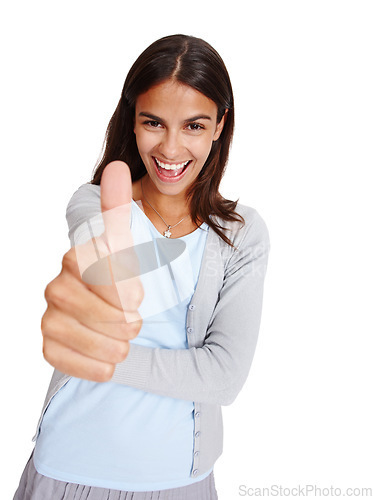 Image of Thumbs up, hands and portrait of a woman happy about winning, success and thank you for support or vote. Happy female with yes or like emoji for deal, sale or discount isolated on a white background