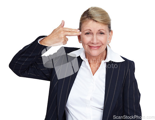 Image of Suicide, hand gun and portrait of business woman with mental health problem, depression crisis and job mistake stress. Burnout, career fail anxiety and sad worker depressed on white background studio