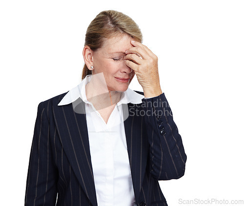 Image of Mental health, burnout or business woman with headache problem, work stress anxiety and depressed over job mistake. Career fail, studio depression crisis or sad corporate employee on white background