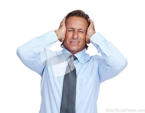 Image of Thinking, corporate and headache of man with burnout overwhelmed with career problem, fatigue or mistake. Depression, anxiety and tired businessman with breakdown at isolated white background.