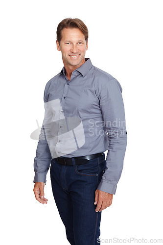 Image of Mature businessman, corporate or portrait on isolated white background with finance goals, investment ideas or mockup. Smile, happy or CEO manager with success mindset, about us or mock up innovation