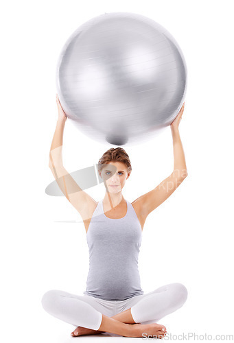 Image of Pregnant woman, portrait and exercise ball with white background for fitness, pilates and wellness. Pregnancy, medicine ball and workout in studio for healthy maternity, yoga training and body energy