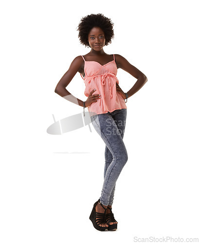 Image of Fashion, stylish and portrait of a black woman with an afro on a white background in studio. Trendy, fashionable and full body of a young African designer clothing model with an elegant pose