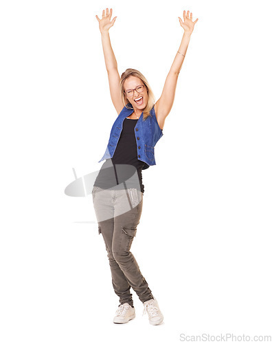 Image of Winner, wow and a woman arms raised in celebration in studio on a white background for success or achievement. Freedom, goal and target with a young female celebrating reaching goals or glory