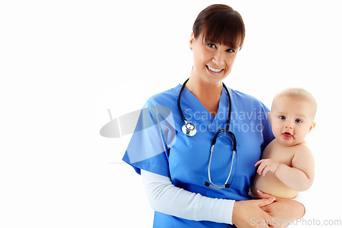 Image of Woman, portrait and nurse with baby in studio isolated on white background mockup. Face, healthcare or happy medical worker, physician or female pediatrician holding child, kid or toddler at hospital