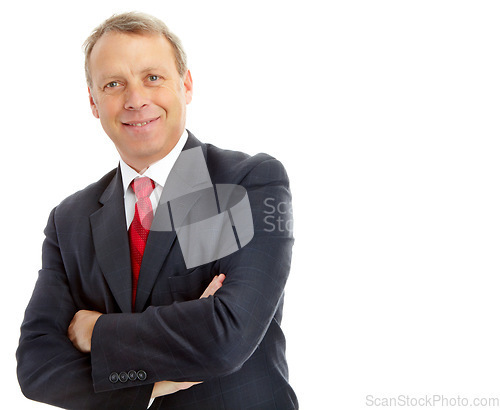 Image of Portrait, arms crossed and business man in studio isolated on a white background mockup. Face, ceo and mature, proud and happy male entrepreneur from Canada with vision, mission and success mindset.