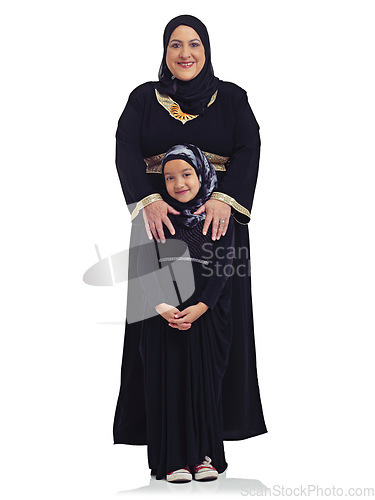 Image of Islam, body portrait and mom and girl child happy in hijab together and isolated on white background. Love, family and support, Muslim woman with daughter smile and Islamic culture in studio in Egypt