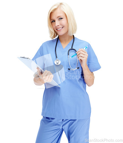 Image of Portrait, healthcare and insurance with a nurse woman in studio isolated on a white background for health. Hospital, documents and medical with a female medicine professional writing on a clipboard