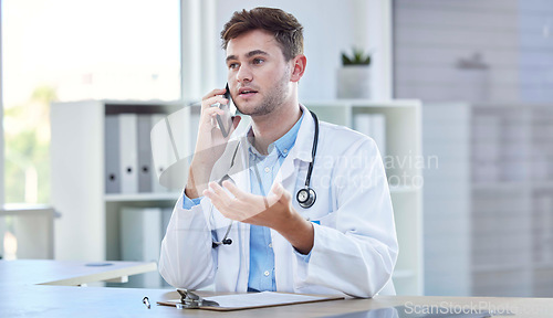 Image of Phone call, healthcare and doctor talking in hospital, chatting or speaking. Telehealth, cellphone and medical physician in consultation with contact, asking questions or helping on mobile smartphone