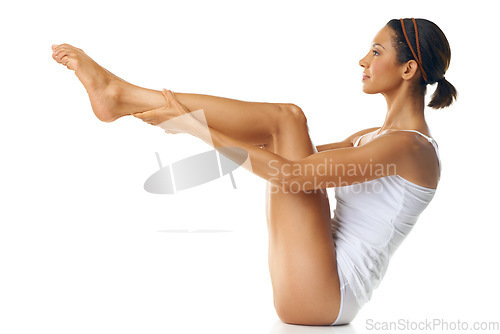 Image of Fitness, body and legs of woman on studio floor with mockup for health, wellness and pilates workout. Training, cardio and exercise model with balance for muscle goals or results on marketing mock up