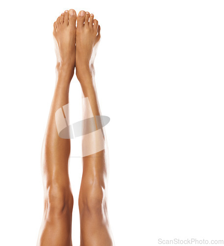 Image of Legs, feet and woman with skincare mockup and epilation, beauty and pedicure against white background. Spa treatment, wellness with cosmetic care glow, healthy skin with natural cosmetics and shine