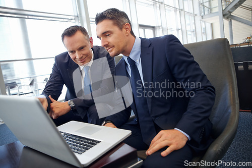Image of Laptop, businessman and corporate partner or client in teamwork collaboration, financial strategy or investment. Professional people, accountant and management worker communication of company budget