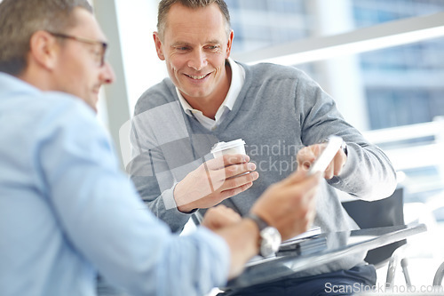 Image of Happy teamwork, planning or business people with tablet for invest strategy, finance growth or financial review. Coffee or employee in office for collaboration, data analysis or economy data research