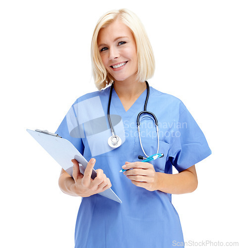 Image of Portrait, healthcare and documents with a nurse woman in studio isolated on a white background for insurance. Hospital, health and medical with a female medicine professional writing on a clipboard